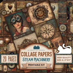 May include: A printable collage paper kit with a steampunk theme. The kit includes 20 pages of digital paper with images of clocks, gears, compasses, and other steampunk elements. The paper is high quality and 300 DPI. The kit is printable and can be used for scrapbooking, card making, and other crafts.