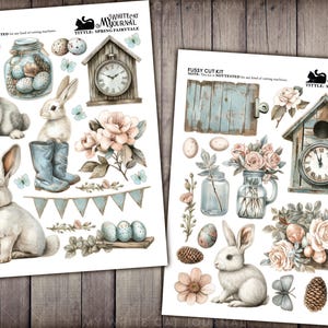 May include: A digital paper pack with illustrations of bunnies, clocks, flowers, jars, and eggs. The paper pack is titled "Tittle Spring Fairytale" and is part of a fussy cut kit.