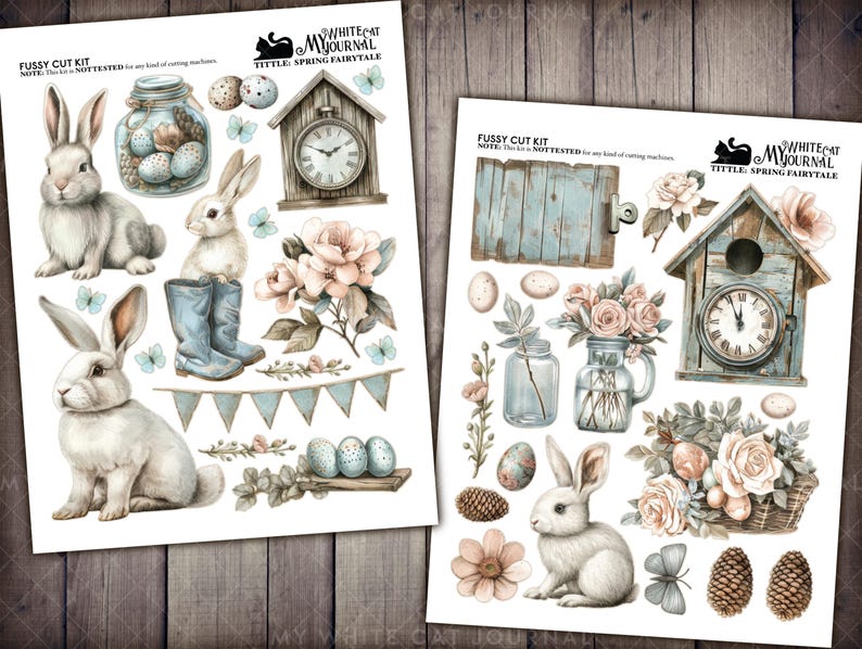 May include: A digital paper pack with illustrations of bunnies, clocks, flowers, jars, and eggs. The paper pack is titled "Tittle Spring Fairytale" and is part of a fussy cut kit.