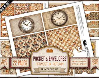 May include: Printable kit for creating pocket envelopes and cards with a harvest theme. The kit includes 22 pages with 167 pieces, all in high quality at 300 DPI. The design features a vintage floral pattern with a clock and text.