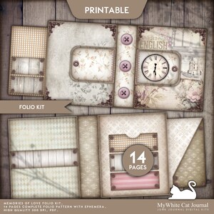 Może przedstawiać: Drukowany zestaw folio do junk journaling. Zestaw zawiera 14 stron z różnymi wzorami i projektami, w tym zegar, wzór kwiatowy i wzór w kratkę. Zestaw zawiera również ephemera, takie jak sylwetka kota i tekst "Old English".