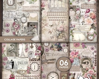 Peut inclure: Papiers de collage imprimables avec des motifs floraux vintage, des horloges et des images sur le thème parisien. Les papiers sont parfaits pour le scrapbooking, la fabrication de cartes et autres projets d'artisanat. Le texte "Memories of Love Collage Papers" et "My White Cat Journal" sont inclus dans l'image.