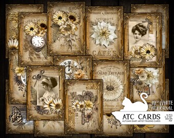 May include: A set of 16 printable ATC cards featuring vintage-inspired images with a floral theme. The cards feature images of clocks, flowers, and text in French and English. The cards are perfect for scrapbooking, card making, and other paper crafts.