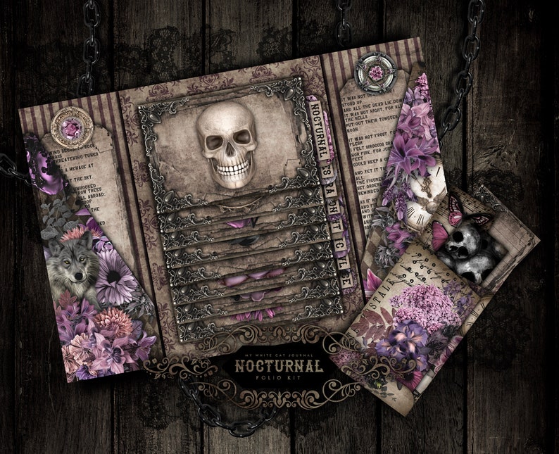 May include: A digital scrapbooking kit with a gothic theme. The kit features a skull, a wolf, flowers, and a clock. The text "Nocturnal" is featured on the cover.