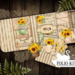 Junk Journal Kit, Folding Folio, Sunflower, Trifold, Loaded Folder, Collage Sheets, Ephemera, Craft Kit, Scrapbook, Digital Download