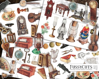 Steampunk skräpjournal-klistermärken | Utskrivbara vintage-ephemera | Scrapbook-clipart | Digitala klistermärken