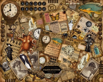 Junk Journal, Steam Into Future, Steampunk, Junk Journal Kit, Printable, Ephemera, Collage Sheets, Craft Kit, Scrapbook, Digital Download