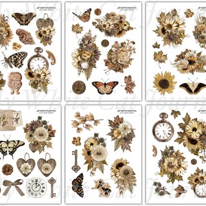 May include: A set of 12 digital scrapbook paper designs featuring autumnal themes. The papers feature a variety of images, including butterflies, sunflowers, leaves, keys, and clocks. The papers are in a warm colour palette of browns, yellows, and oranges.