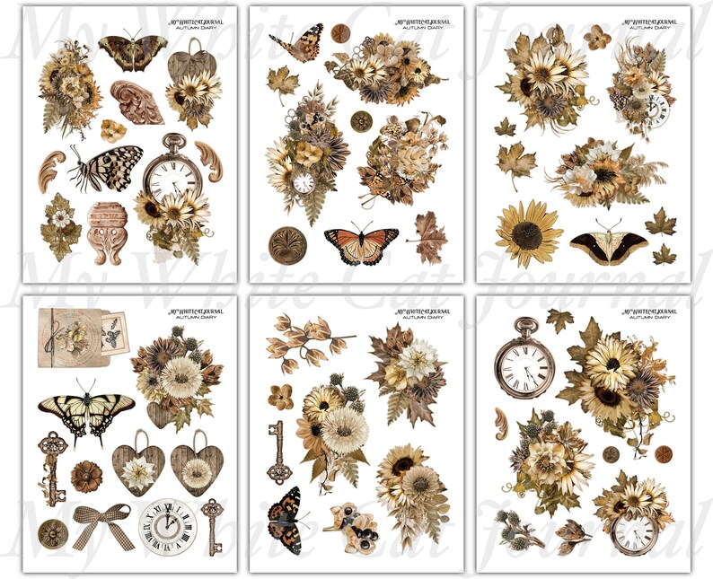 May include: A set of 12 digital scrapbook paper designs featuring autumnal themes. The papers feature a variety of images, including butterflies, sunflowers, leaves, keys, and clocks. The papers are in a warm colour palette of browns, yellows, and oranges.