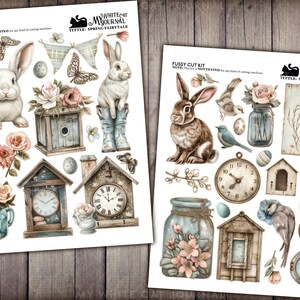 May include: A digital paper pack with a spring theme featuring illustrations of bunnies, birds, clocks, jars, and flowers. The paper pack is titled "Spring Fairytale" and is designed for fussy cutting.