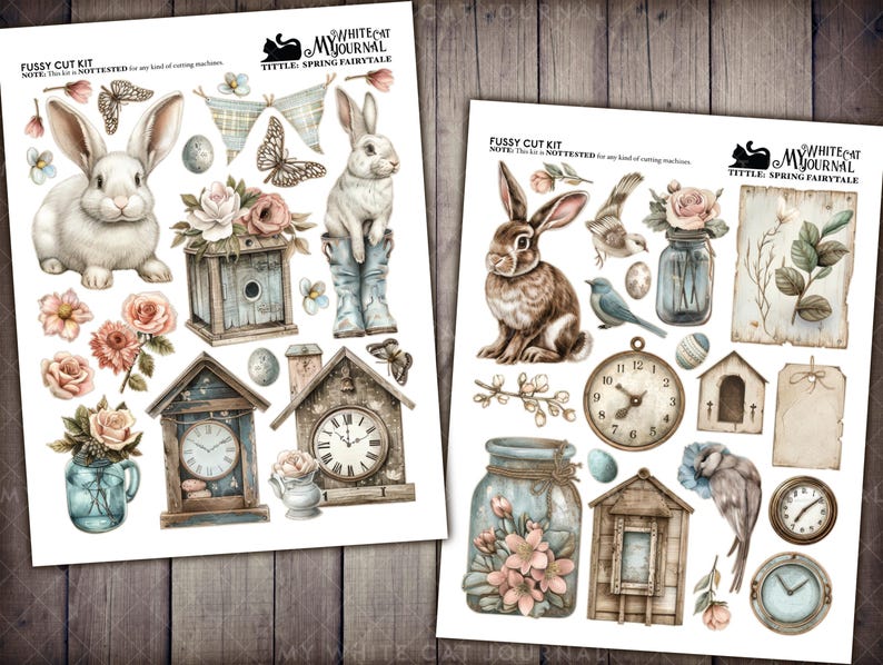 May include: A digital paper pack with a spring theme featuring illustrations of bunnies, birds, clocks, jars, and flowers. The paper pack is titled "Spring Fairytale" and is designed for fussy cutting.