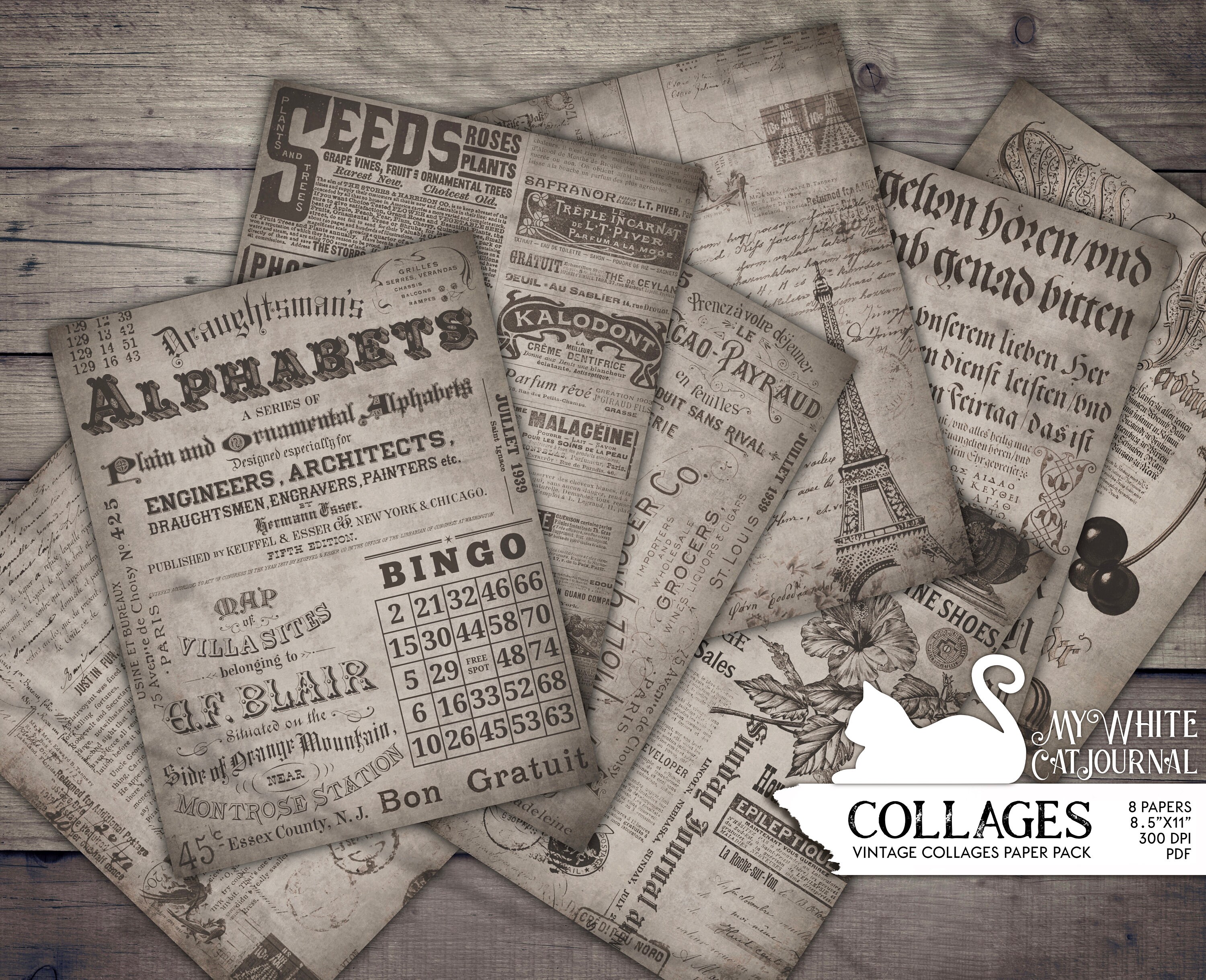 Junk Journal, Vintage Paper, Printable, Paper Pack, Neutral