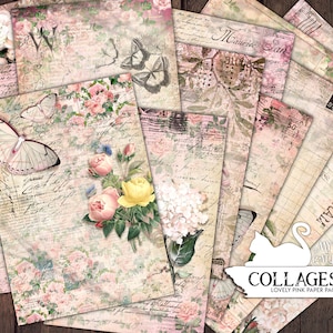 Junk Journal, Shabby Chic Papier, Rosa, Ephemera, Blumen, Schmetterling, Collage Papier, bedruckbar, Dekorpapier, Scrapbook, digitaler Download