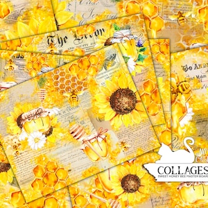 Junk Journal, Sunflower, Honey Bee, Collage Paper, Printable, Ephemera, Paper Pack, Scrapbook Paper, Digital Download