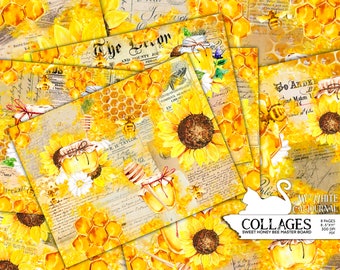 Junk Journal, Sunflower, Honey Bee, Collage Paper, Printable, Ephemera, Paper Pack, Scrapbook Paper, Digital Download