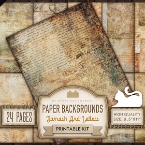 Junk Journal Papers, Vintage Handwritten Papers, Damask, Ephemera, Paper Pack, Scrapbooking, Digital Download