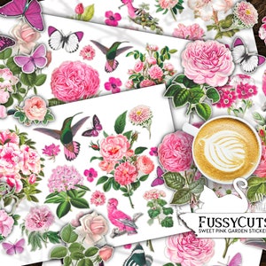 Diario spazzatura, Fussy Cuts, Adesivi floreali rosa, Effimere, Vintage, Fiori, Farfalle, Fogli collage, Album, Stampabili, Download digitale