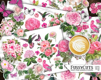 Junk Journal, Fussy Cuts, Pink Floral Stickers, Ephemera, Vintage, Flower, Butterfly, Collage Sheets, Scrapbook, Printable, Digital Download