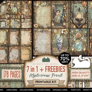 7 in 1, Junk Journal Kit, BUNDLE, Mysterious Forest, Printable, Paper, Card, Sticker, Owl, Floral, Enchanted, Scrapbook, Digital Download