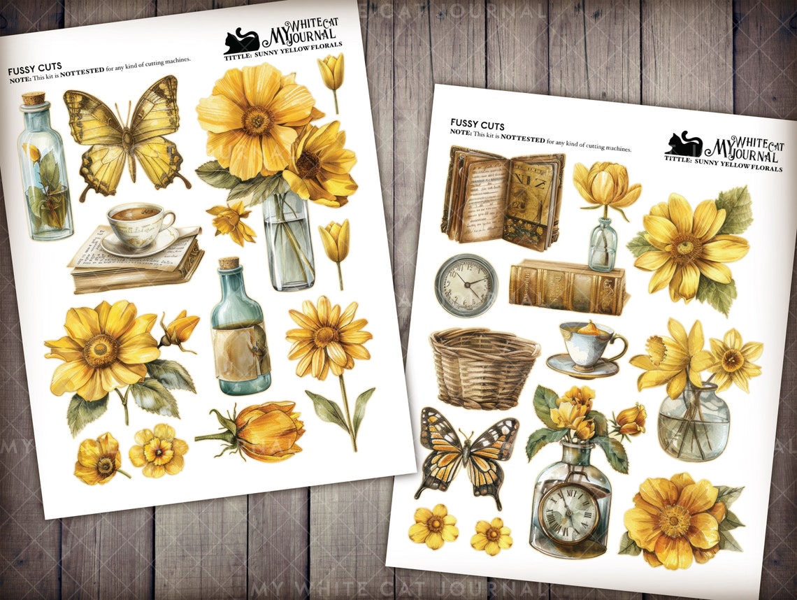 Yellow Journal Sticker Design Printable Yellow Floral Stickers | Junk Journal Ephemera Kit | Vintage ...