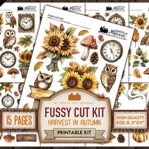 Op de afbeelding: Een printbare fussy cut kit voor knutselen met 278 onderdelen op 15 pagina's. De kit bevat afbeeldingen van uilen, klokken, zonnebloemen, paddenstoelen, pompoenen en andere herfstachtige elementen. De kit is van hoge kwaliteit, 300 DPI en meet 8,5 inch bij 11 inch.