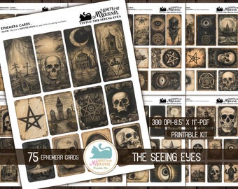 May include: A collection of 75 ephemera cards with gothic and occult illustrations. The cards feature skulls, pentagrams, and haunted house imagery. The text "The Seeing Eyes" and "Printable Kit" are visible.