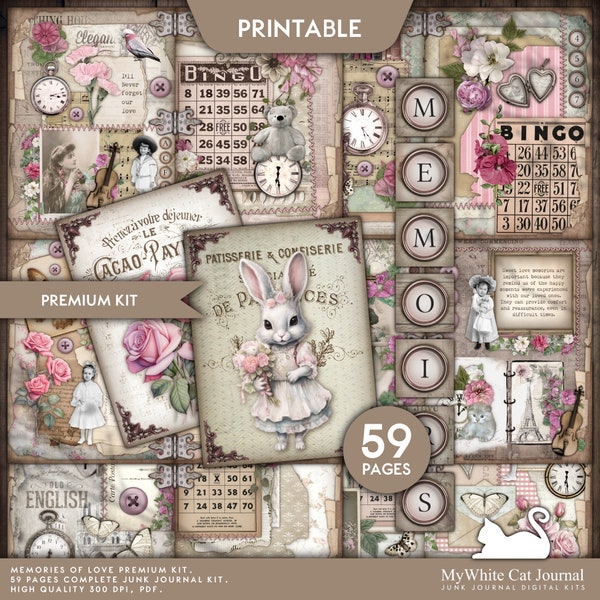 Junk Journal Kit, Neutral Pink, Floral, Memories Of Love, Craft Kit, Printable, Ephemera, Collage Sheet, Paper, Scrapbook, Digital Download