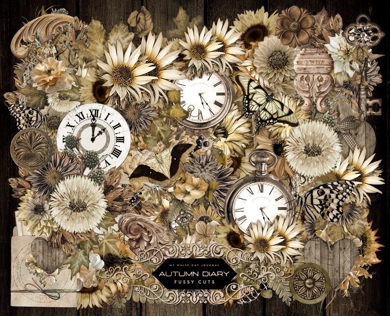 May include: A digital collage of autumn-themed images, including sunflowers, butterflies, clocks, and keys. The collage is in shades of brown, beige, and white, with a vintage aesthetic. The text "Autumn Diary" is featured in the centre of the image.