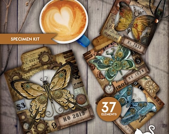 Junk Journal, Steampunk, Butterfly, Specimen, Printable, Ephemera, Collage Sheets, Card, Embellishments, Scrapbook, Digital Download