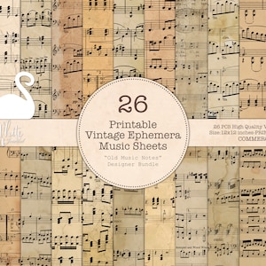 Junk Journal, spartiti musicali vintage, carta vecchia, sfondo, note musicali, album di ritagli, stampabili, download digitale