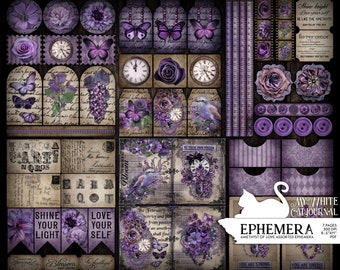 Junk Journal, Purple, Ephemera, Embellishments, Amethyst, Collage Sheets, Card, Vintage, Printable, Scrapbook, Digital Download