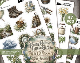 May include: A collection of 97 printable stickers featuring garden-themed illustrations including brown boots, a bee on a flower, a shovel, a wooden barrel, a watering can, daisies, and a stone well, with the text Rainy Cottage Garden Fussy Cut Stickers.