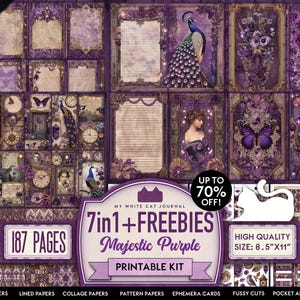 Junk Journal 7 in 1 Bundle, Majestic Purple, Amethyst, Printable Craft Kit, Paper, Card, Stickers, Ephemera, Scrapbook, Digital Download