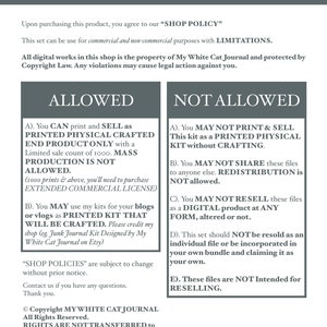 May include: Terms of use for a digital printable craft kit. The text explains what is allowed and not allowed when using the kit. The text includes information about commercial use, mass production, redistribution, and reselling.