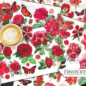 Junk Journal, Fussy Cuts, Red Floral Stickers, Ephemera, Collage Sheets, Flower, Butterfly, Scrapbook, Digital Download