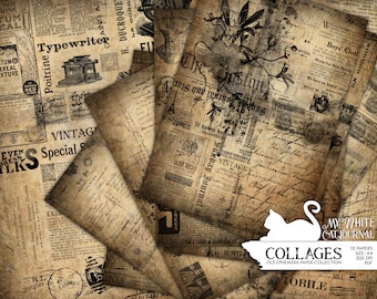 May include: A collage of vintage paper textures with a white silhouette of a cat. The papers are old and worn, with a variety of text and images. The text includes words like "Vintage", "Special", "Boys' Cloth", and "My White Cat Journal".