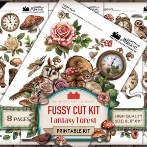 May include: A printable fussy cut kit featuring a whimsical fantasy forest theme. The kit includes 123 pieces, 8 pages, and is 300 DPI. The kit features illustrations of owls, mushrooms, clocks, butterflies, roses, and a rabbit. The kit is 21.6 cm by 27.9 cm.