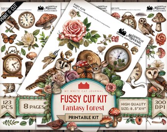 Puede incluir: Un kit de corte delicado imprimible con un tema de bosque de fantasía caprichoso. El kit incluye 123 piezas, 8 páginas y es de 300 DPI. El kit presenta ilustraciones de búhos, hongos, relojes, mariposas, rosas y un conejo. El kit mide 21,6 cm por 27,9 cm.