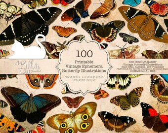 May include: A set of 100 printable vintage butterfly illustrations. The butterflies are in various colors and patterns, including blue, green, brown, and orange. The illustrations are high quality and perfect for digital scrapbooking, card making, and other creative projects.  "Butterfly Illustrations" Designer Bundle.