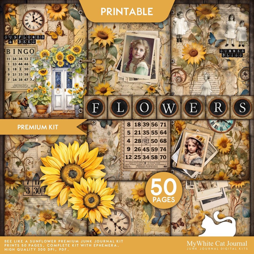 Sunflower Junk Journal Kit – Vintage Bee Ephemera, Botanical Pages ...