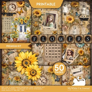 Sunflower Junk Journal Kit – Vintage Bee Ephemera, Botanical Pages, Cottagecore Printable Scrapbook & Journal Kit, Bee Like A Sunflower