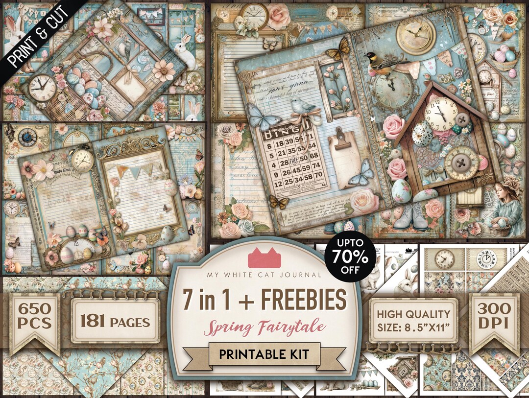 Spring Fairytale Printable Junk Journal Kit Bundle: Blue Easter Bunny ...
