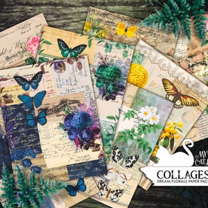 Diário de lixo, colagem de papel, floral, borboleta, cartão postal, papéis, itens efêmeros, pacote de papel, para impressão, álbum de recortes, download digital