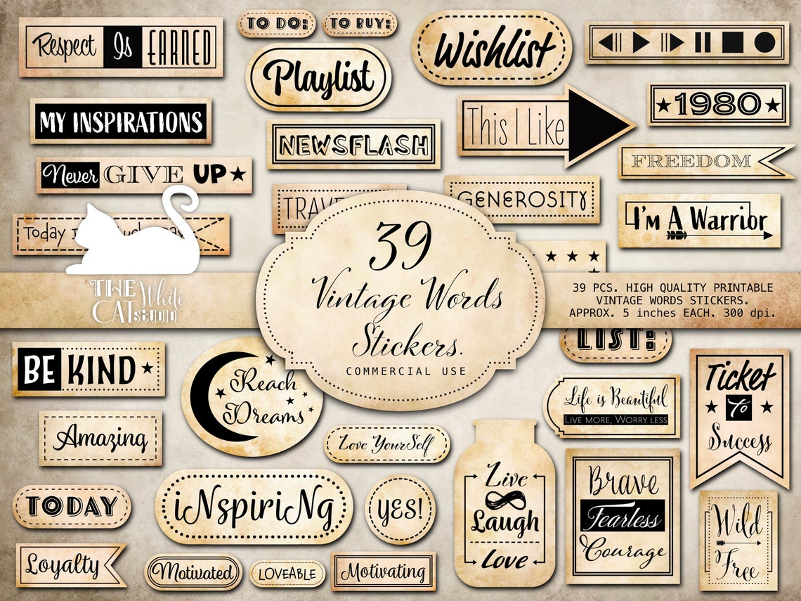 Stickers Printable Vintage Word Stickers Junk Journal Etsy