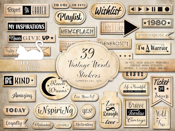 junk journal stickers words vintage old retro printable etsy