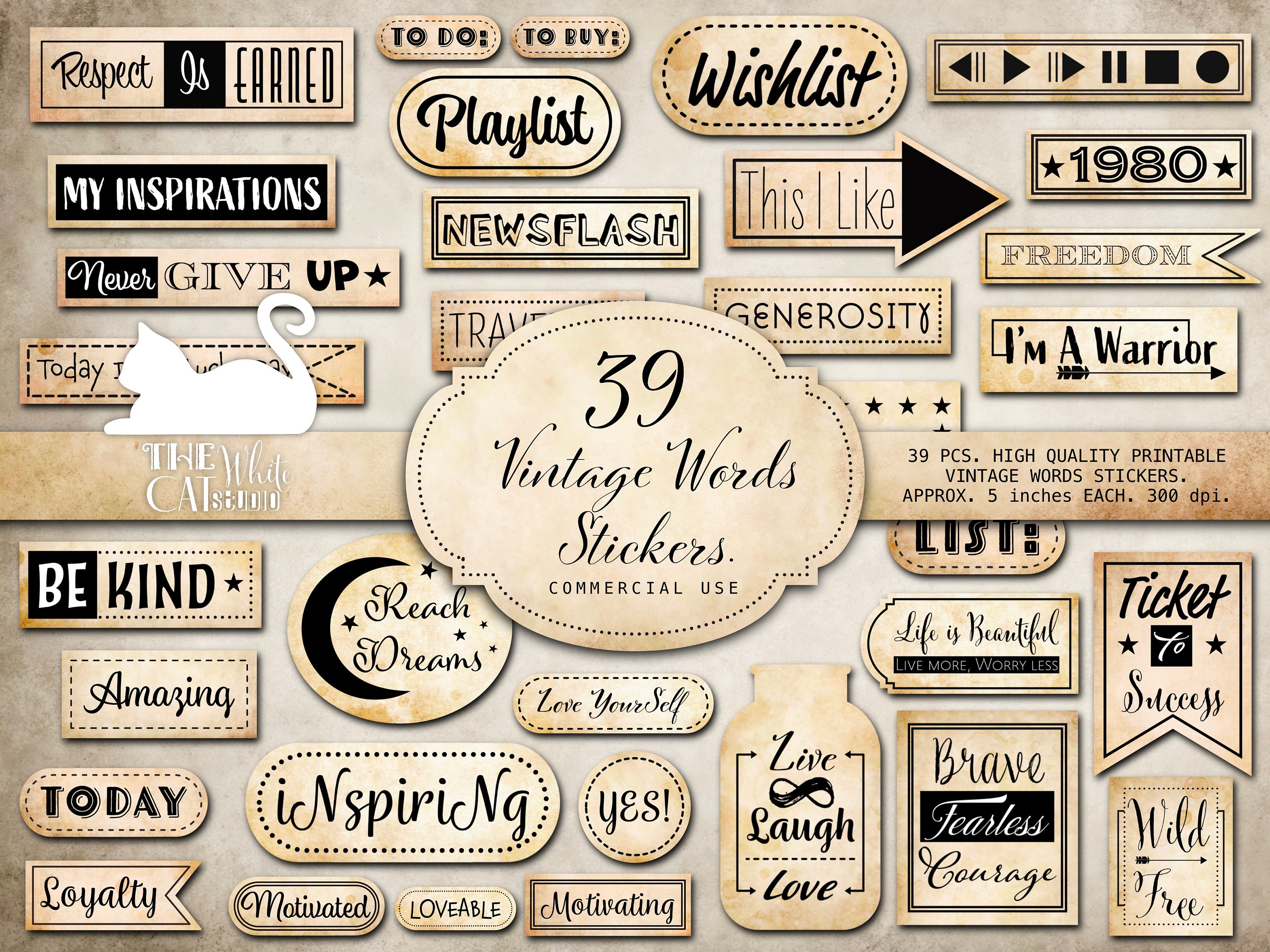 Junk Journal, Vintage Words, Phrases, Printable Word Stickers