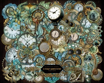 Junk Journal, Steampunk, Fussy Cut, Printable, Collage Sheets, Sticker, Vintage, Clock, Embellishments, Scrapbook, Digital Download