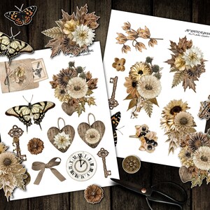 May include: A digital paper pack with a vintage autumn theme. The pack includes images of butterflies, flowers, keys, clocks, and other decorative elements in shades of brown, cream, and white. The text "White Journal Autumn Diary" is visible in the top right corner.