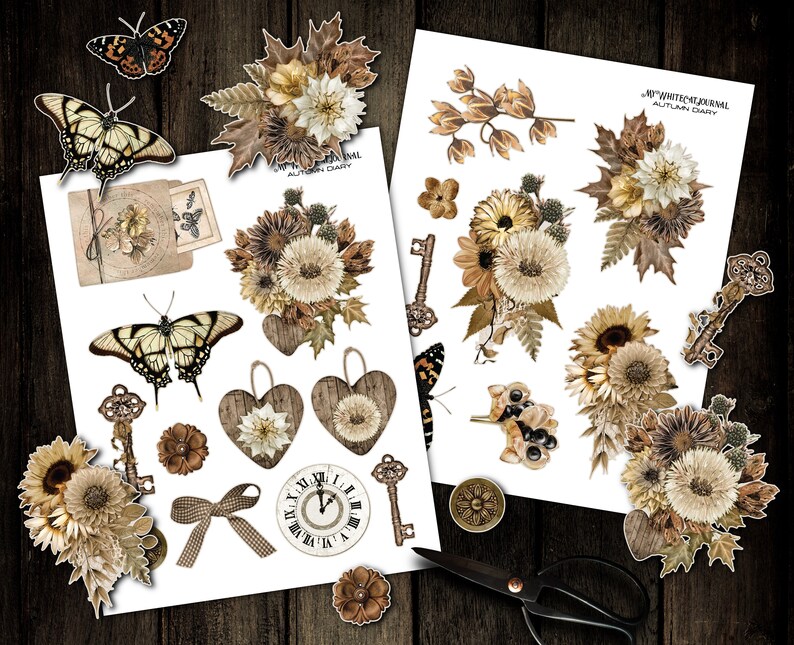 May include: A digital paper pack with a vintage autumn theme. The pack includes images of butterflies, flowers, keys, clocks, and other decorative elements in shades of brown, cream, and white. The text "White Journal Autumn Diary" is visible in the top right corner.