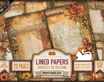 May include: Printable lined paper kit with 20 pages featuring a harvest in autumn theme. The papers have a vintage, rustic look with fall colors and a white cat silhouette. The papers are 8.5 inches by 11 inches and 300 DPI.